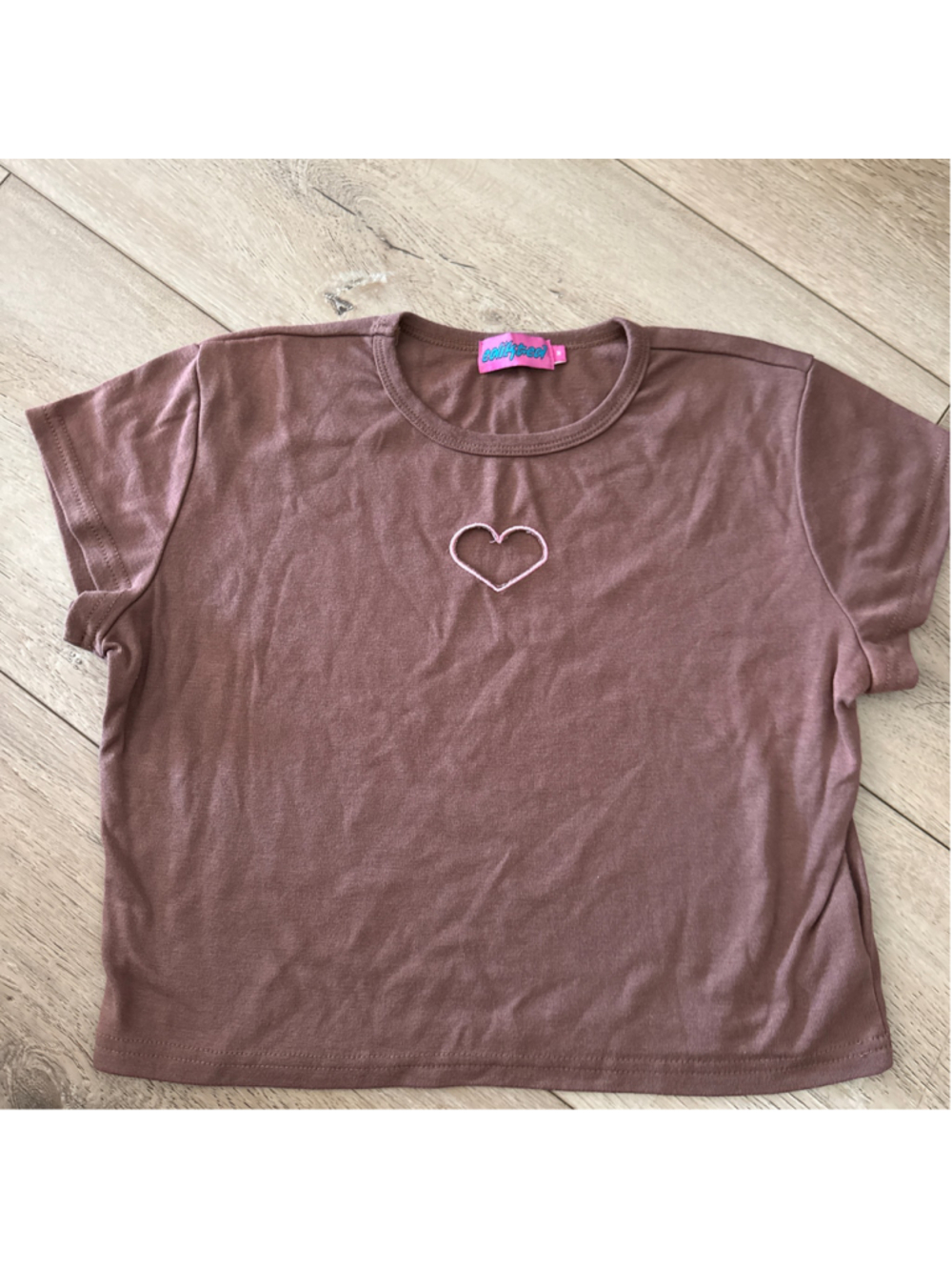 Women's Edikted Brown Short Sleeve Tee with Pink Heart Cutout, Size M